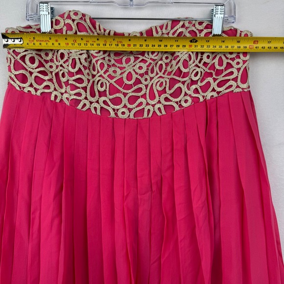 Lilly Pulitzer Pink Pleated‎ Skirt Gold Lace Trim Sweetheart Strapless Dressy 10 - Picture 3 of 7